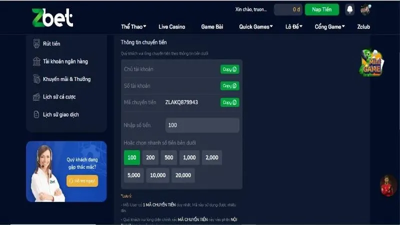 5 bước hướng dẫn nạp tiền ZBET