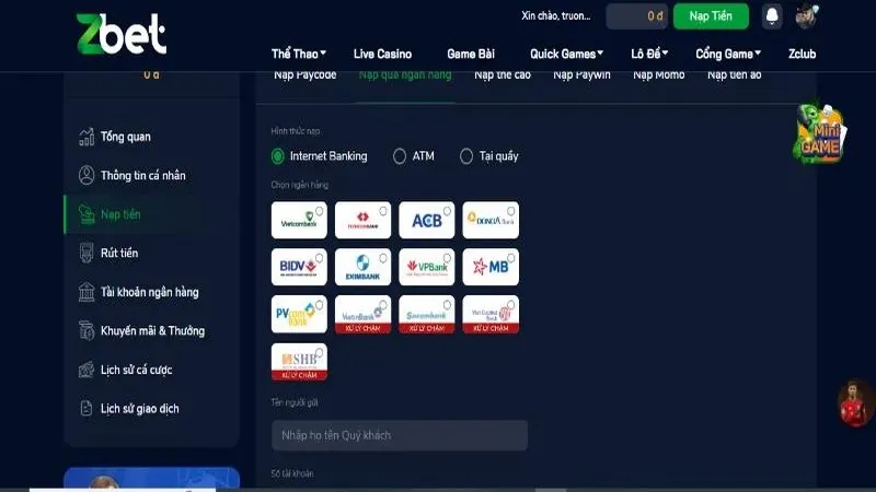 Phương thức nạp tiền ZBET được chấp thuận